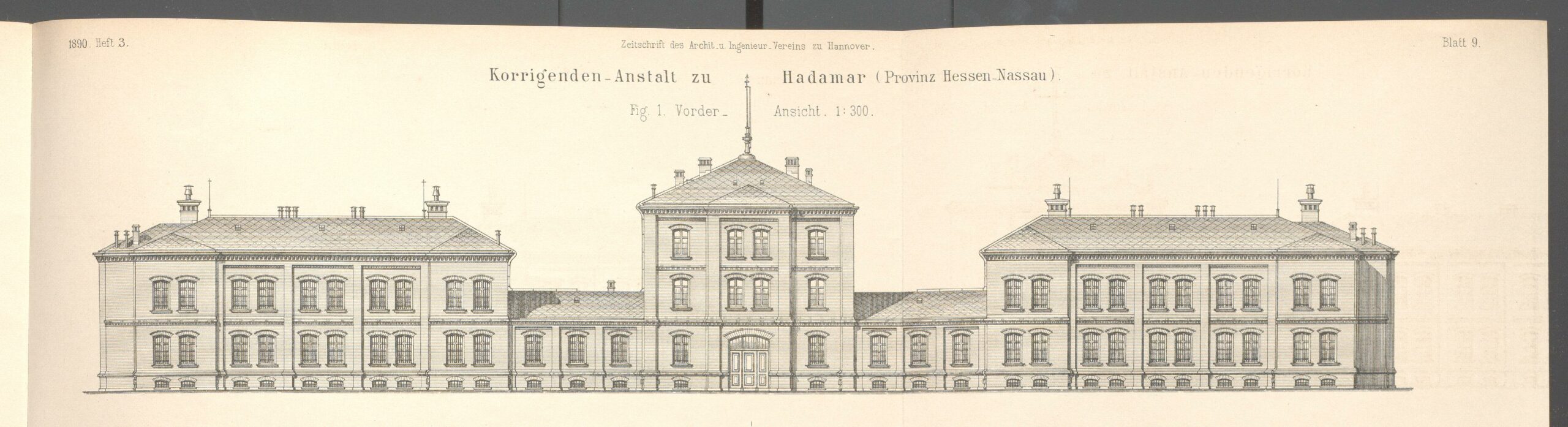 Schwarz-Weiß-Zeichnung der Gebäudefront eines großen Gebäudes mit dem Titel "Korrigenden-Anstalt zu Hadamar"