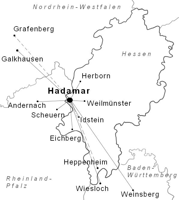 Schematische Darstellung einer Landkarte von Hessen und umliegenden Bundesländern. Der Ort Hadamar liegt zentral im Bild, die Standorte der ehemaligen Zwischenanstalten sind eingezeichnet und über Linien mit Hadamar verbunden.