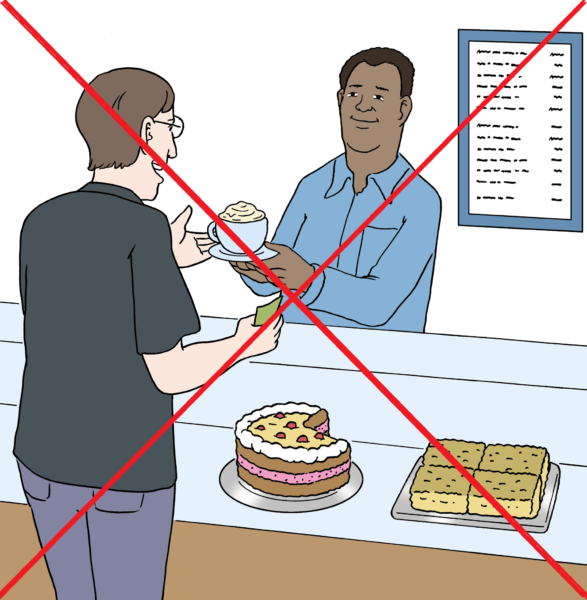 Ein Mann bestellt an einer Theke einen Kaffee bei einem anderen Mann. Auf dem Tresen stehen zwei Kuchen. Das Bild ist mit zwei roten Linien im diagonalen Kreuz durchgestrichen.