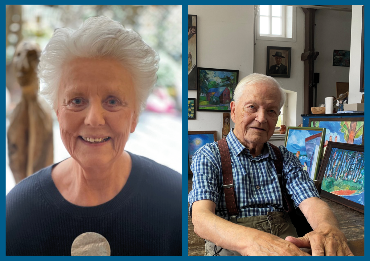Zwei Portraits nebeneinander. Um beide BIlder ist ein blauer, dünner Rahmen gelegt. Auf dem linken Portrait ist eine ältere Frau mit grauen, kurzen Haaren abgebildet, sie schaut lachend in die Kamera. Auf der rechten Seite ist ein älterer Mann abgebildet, er sitzt in einem Studio. Im Hintergrund sind Gemälde zu erkennen.